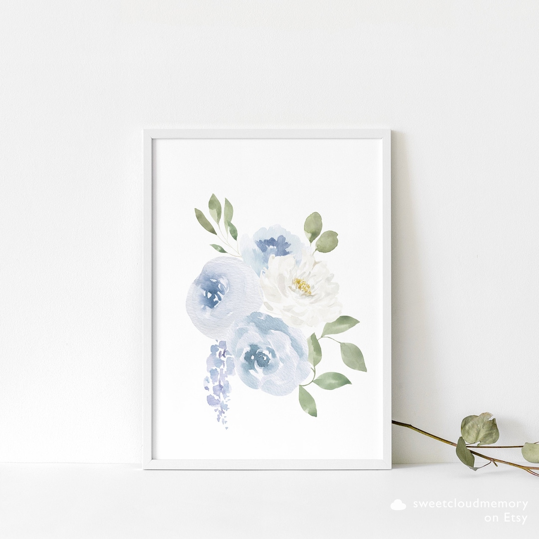 Steel Blue Floral Artwork Wall Art Print Dusty Blue Printable Etsy