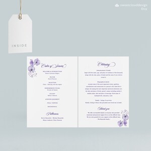 Op de afbeelding: Een paars en wit bloemenbegrafenisprogramma met de volgorde van de dienst en de overlijdensadvertentie voor Wilma. Het programma bevat de namen van de dragers en de familie Reynolds.