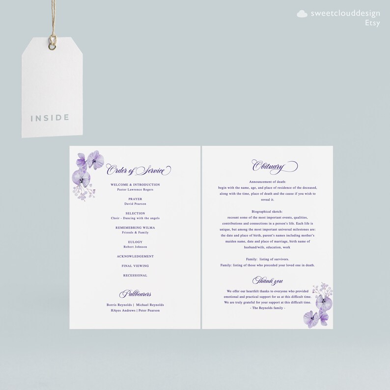 Op de afbeelding: Een paars en wit bloemenbegrafenisprogramma met de volgorde van de dienst en de overlijdensadvertentie voor Wilma. Het programma bevat de namen van de dragers en de familie Reynolds.