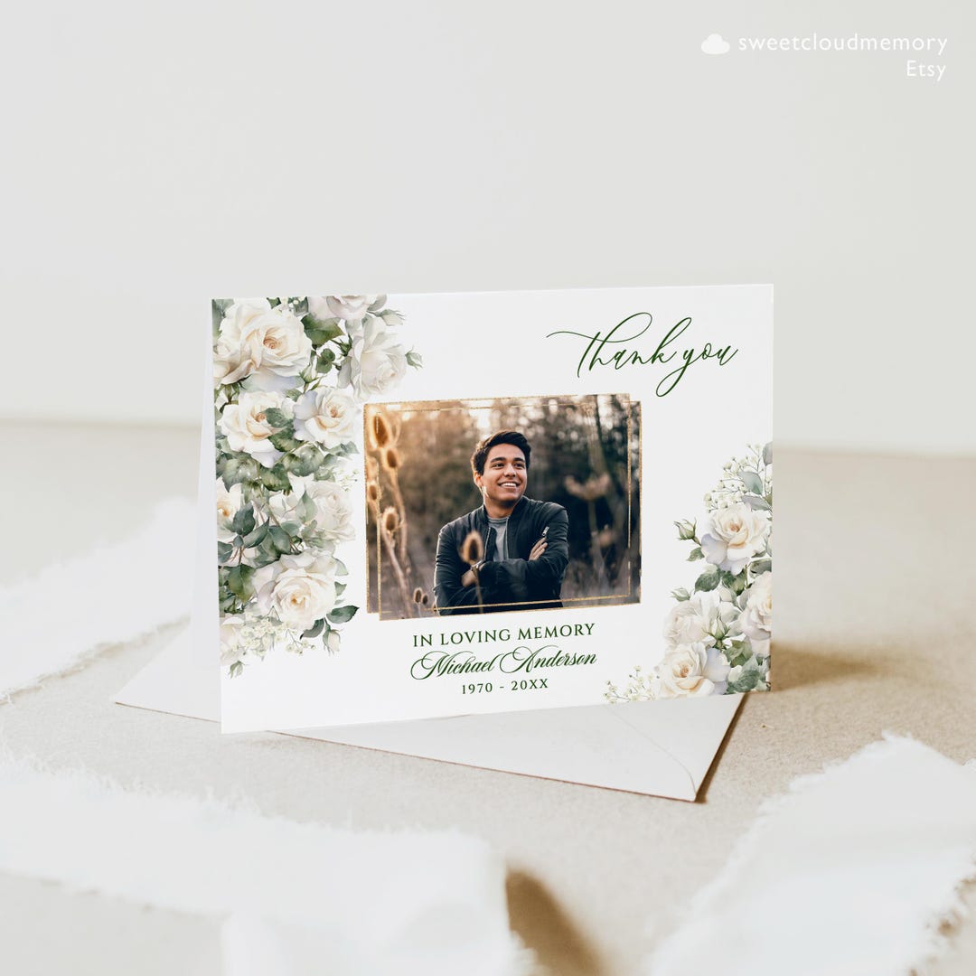 White Rose Funeral Thank You Card White Flower Funeral Thank You Photo ...