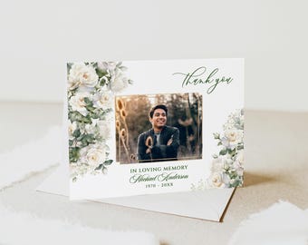 White Rose Funeral Thank You Card White flower Funeral Thank You Photo Editable Memorial Card Printable Thank You Card Template funeral card