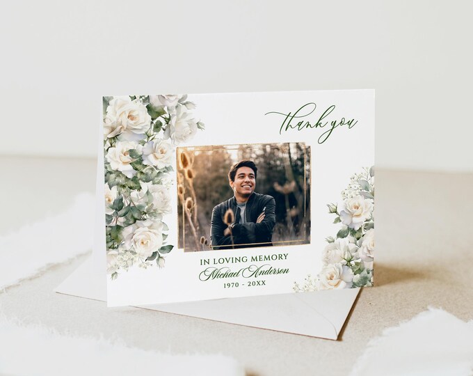 Funeral Thank You Card Template With White Roses, Thank You Notes ...