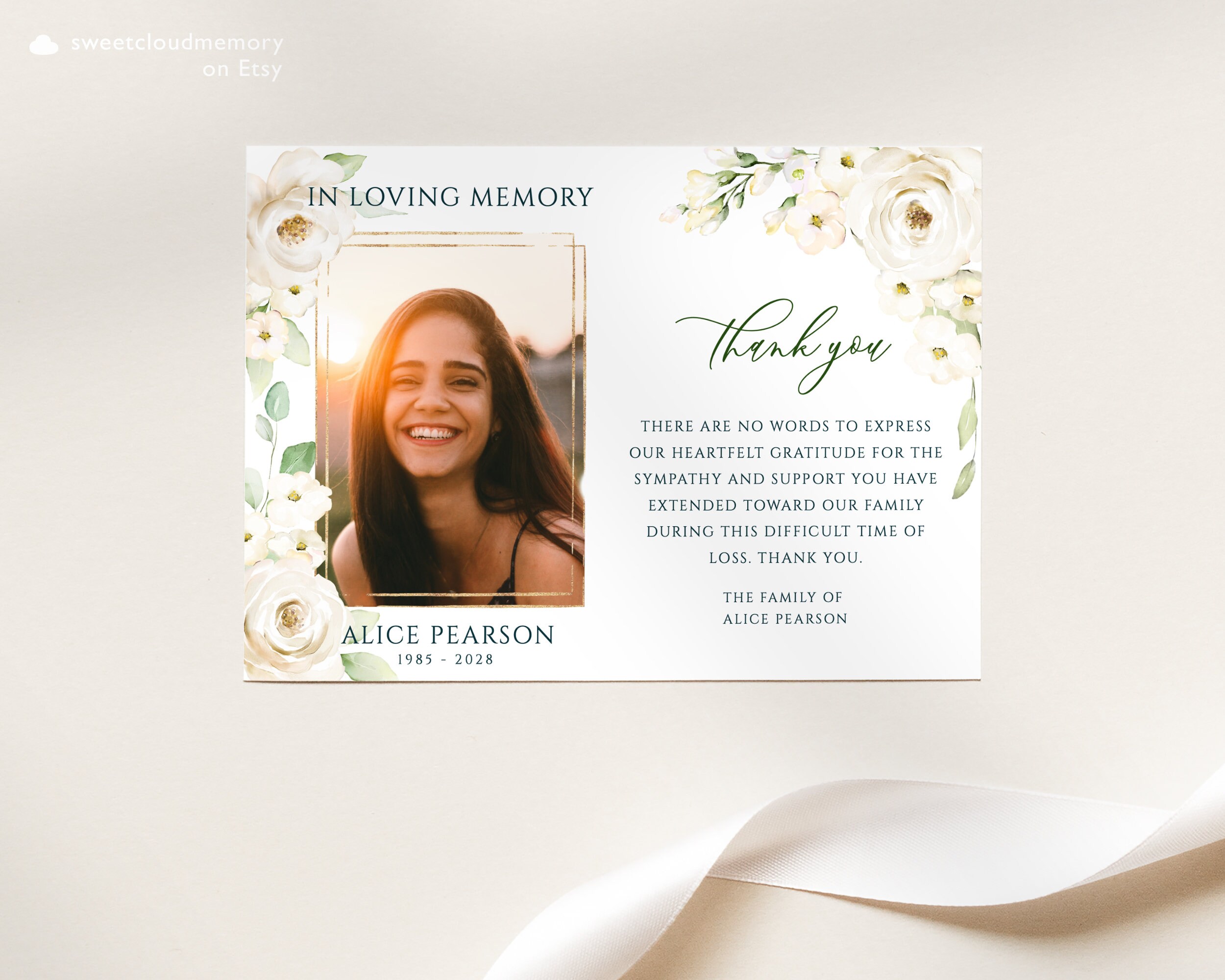 White Rose Funeral Thank You card White floral Funeral Thank | Etsy