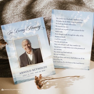 Blauwe hemelachtergrond Begrafenisfoto Gebedskaart hemel goud Bewerkbare begrafenisbladwijzer zeegezicht Memorial Card Celebration of Life gedenkteken