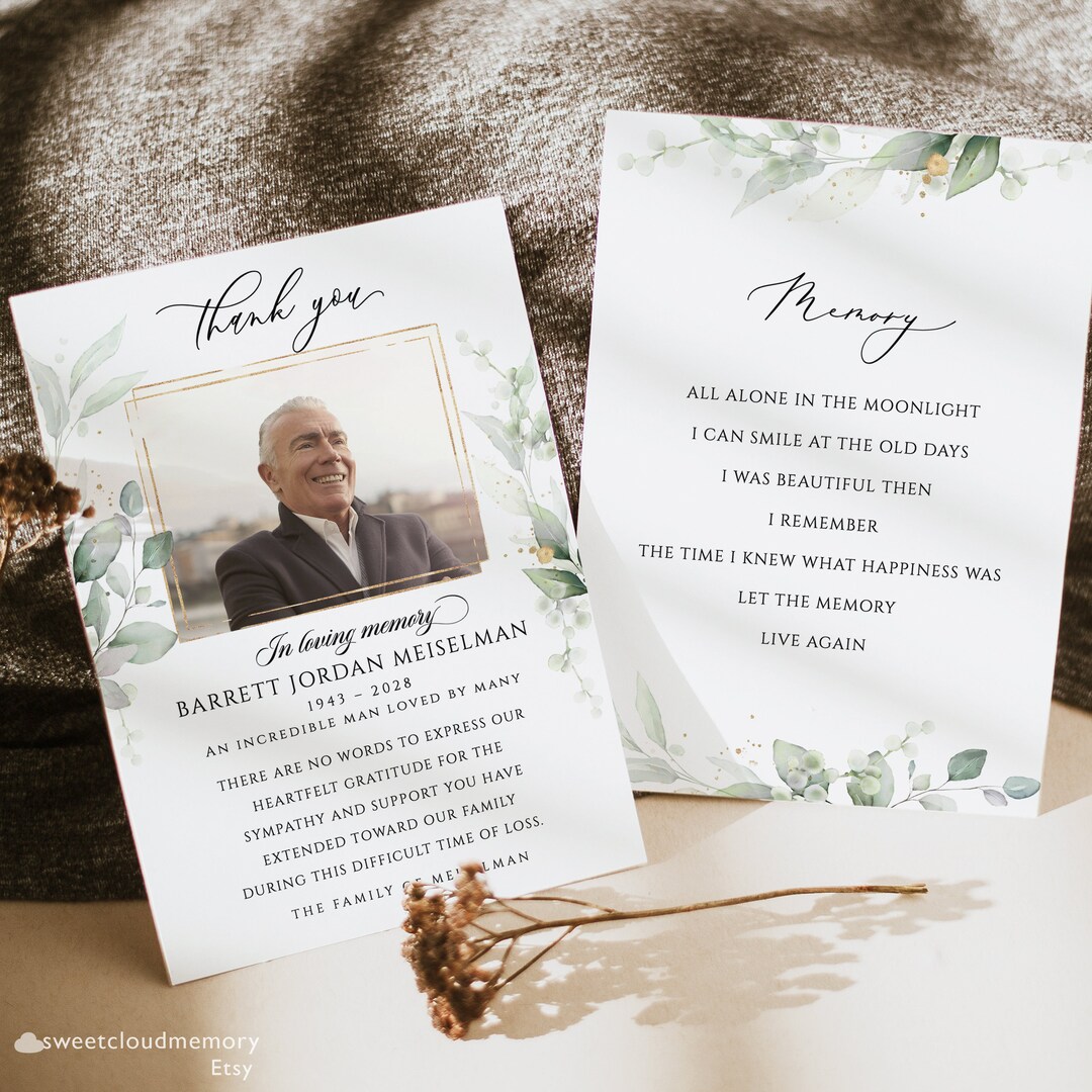 Gold Memorial Card Funeral Thank You Card Greenery Funeral in Loving ...