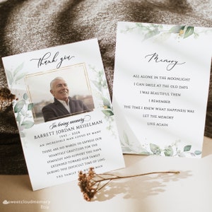 Tarjeta conmemorativa de oro Funeral Tarjeta de agradecimiento Greenery Funeral En memoria amorosa Foto Tarjeta editable Tarjeta conmemorativa Tarjeta de agradecimiento imprimible Jay