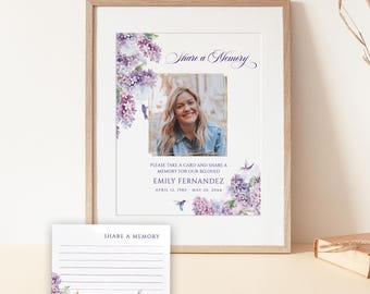 Lilac floral Share A Memory Card and Sign For Funeral Humming bird Share A Memory sign Words Of Love with photo, Memorial Memory Box card