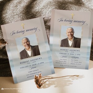 Ocean Cross Funeral invitación plantilla Paisaje marino Cruz católica Foto celebración de la vida invitación Marco dorado Tarjeta funeraria memoria amorosa
