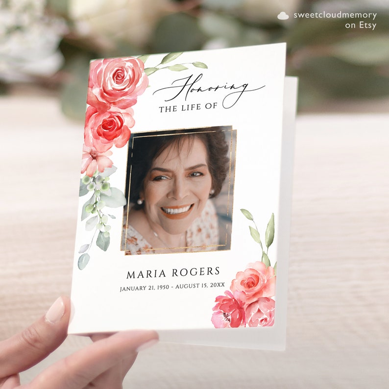 Red Rose Funeral Program Template Red Flower Funeral Memorial Etsy Canada