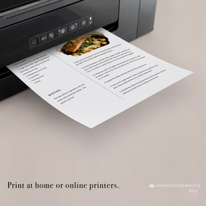 May include: A printable recipe card with a photo of salmon with vegetables. The recipe card includes instructions for making salmon with ginger and spring onions. The text on the card reads "Print at home or online printers."