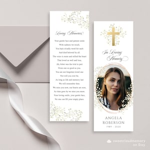 Modèle de marque-page funéraire floral blanc marque-page croix d'or célébration catholique de la vie marque-page souffle de bébé fleur cartes de souvenir funéraire