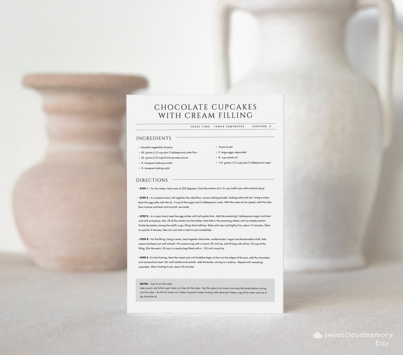 May include: A printable recipe card for chocolate cupcakes with cream filling. The recipe includes ingredients and directions for making the cupcakes and the filling. The card is printed on white paper with black text.