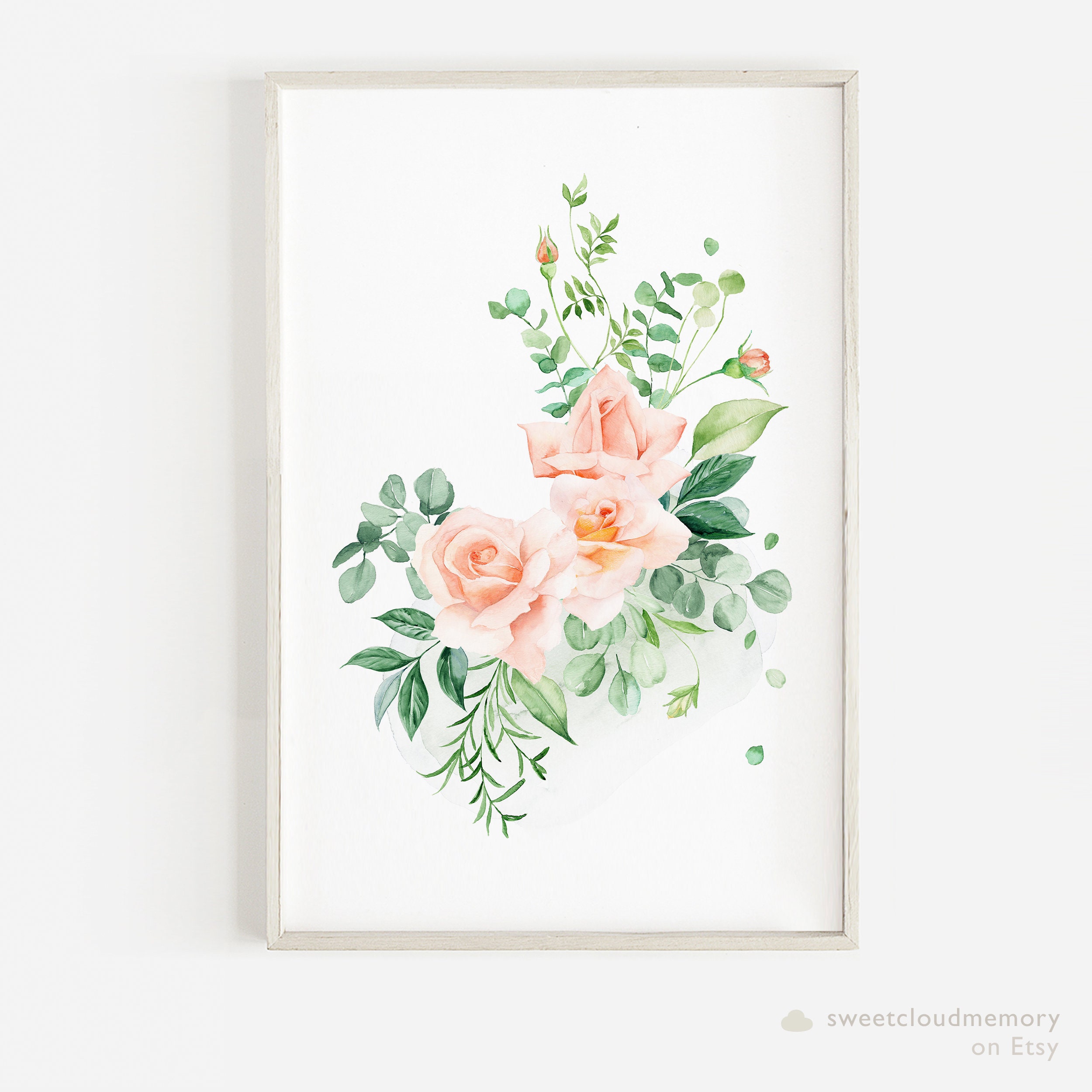 Blush Rose Art Print Pink Rose Wall Art Printable Watercolor Green ...