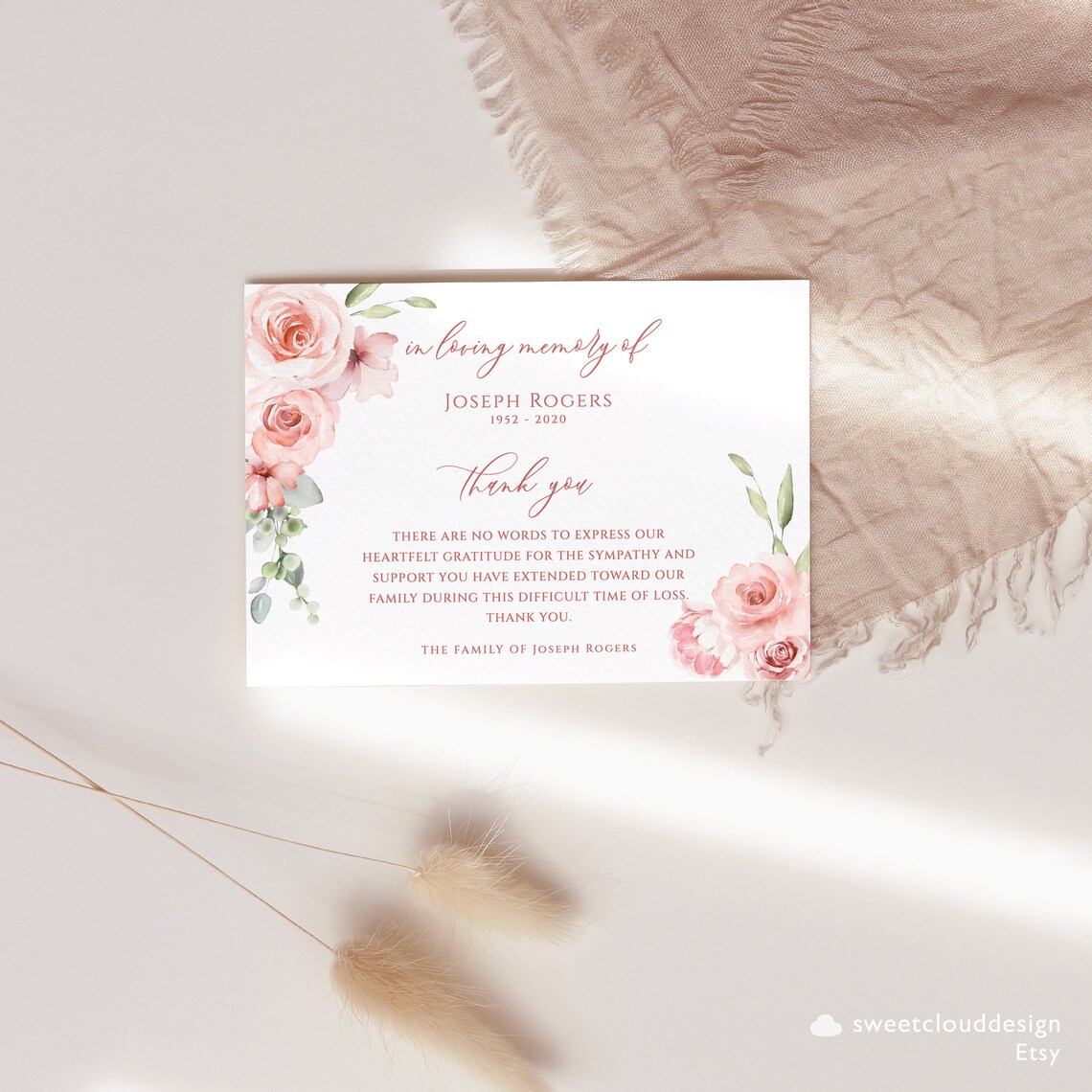 Blush Floral Funeral Thank You Card Pink Flower Funeral Thank You Red ...