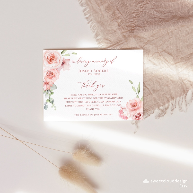 Blush Floral Funeral Thank You Card Pink Flower Funeral Thank - Etsy