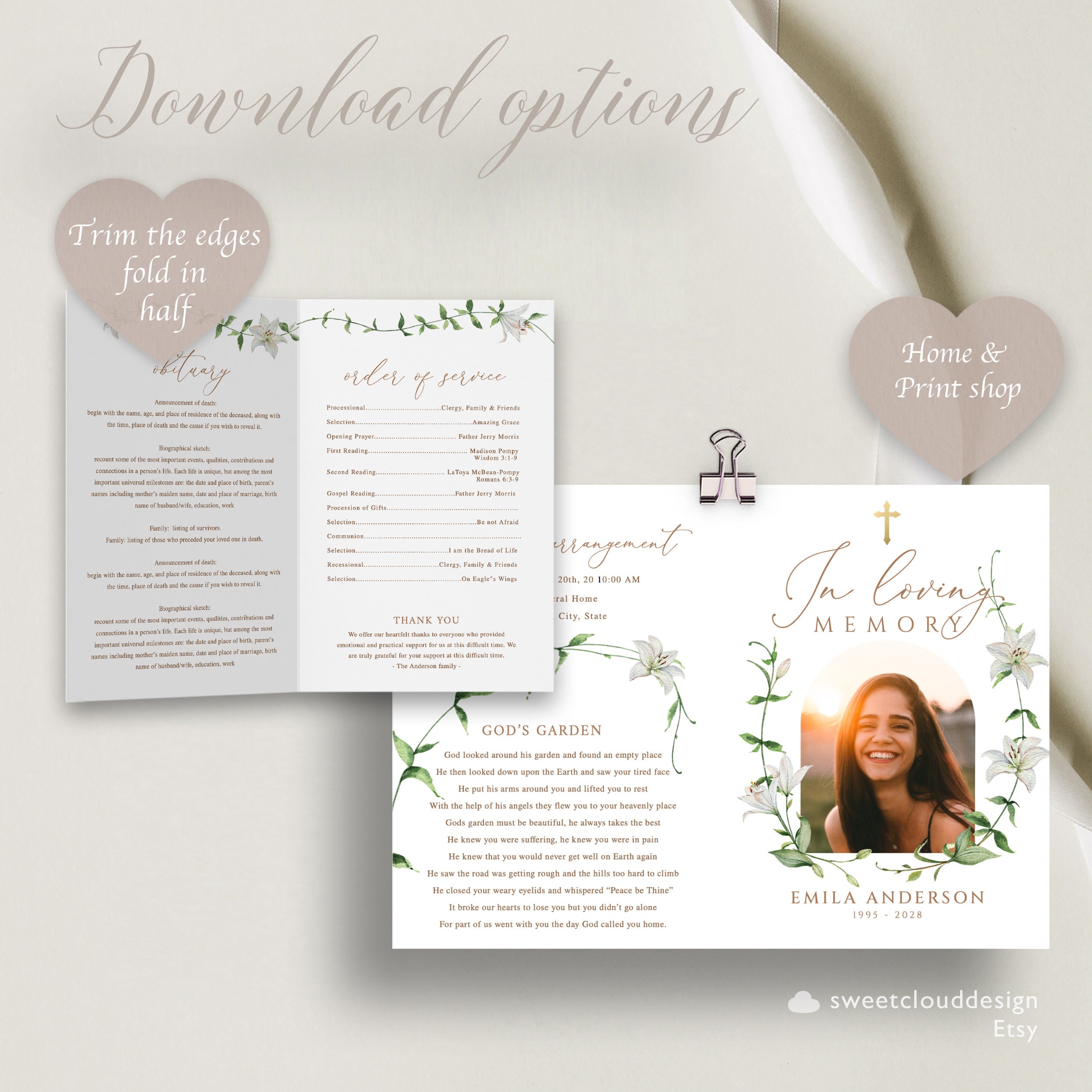 White Lily Funeral Program Template Gold Cross Funeral Etsy