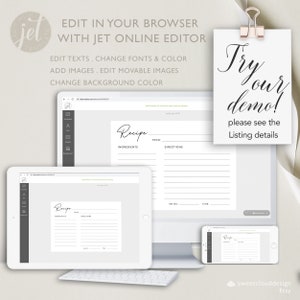 May include: A computer screen displaying a recipe template with the text "Recipe" at the top. The template has sections for ingredients, from, directions, servings, and time. The screen is on a desk with a keyboard and a phone displaying the same template. The text "Try our demo! Please see the Listing details" is on a white card with a gold paper clip.