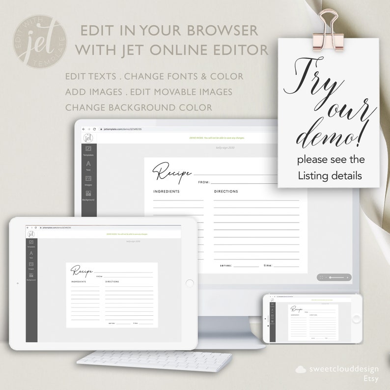 May include: A computer screen displaying a recipe template with the text "Recipe" at the top. The template has sections for ingredients, from, directions, servings, and time. The screen is on a desk with a keyboard and a phone displaying the same template. The text "Try our demo! Please see the Listing details" is on a white card with a gold paper clip.