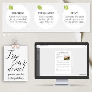May include: A computer screen displaying a digital template for a printable recipe card. The template is for a "Grandma Apple Pie" recipe and includes a photo of a pie. The text on the screen says "Try our demo! Please see the listing details."