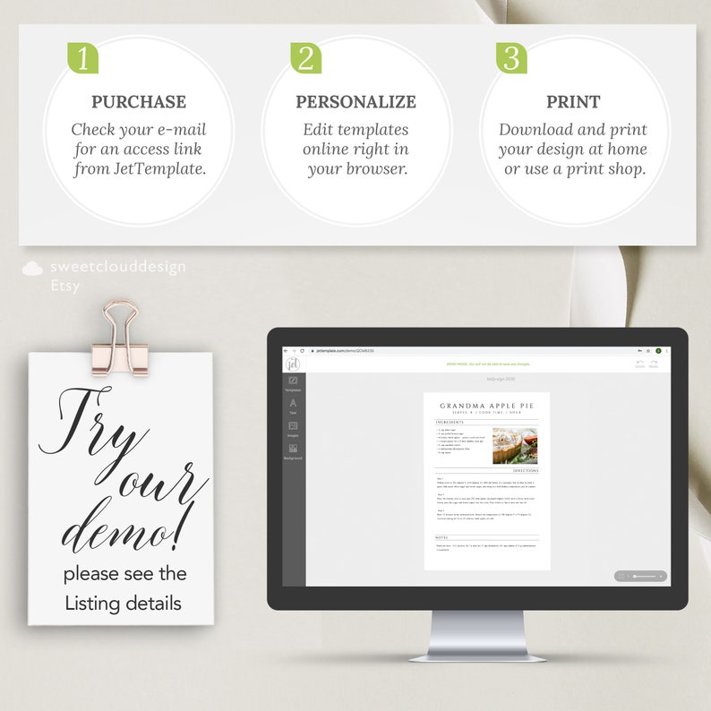 May include: A computer screen displaying a digital template for a printable recipe card. The template is for a "Grandma Apple Pie" recipe and includes a photo of a pie. The text on the screen says "Try our demo! Please see the listing details."