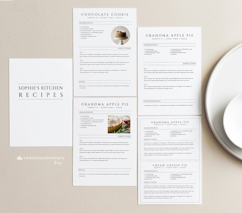 May include: Printable recipe cards for chocolate cookie, grandma apple pie, and cream cheese pie. The cards feature a simple design with black text on a white background. Each card includes a photo of the finished dessert, a list of ingredients, and step-by-step instructions.