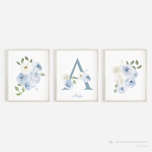 Acero azul floral bebé inicial arte pared carta editable impresión polvoriento azul personalizado monograma imprimible flor vivero arte acuarela