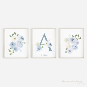 Steel Blue Floral Baby Initial Artwork Wall letter editable Print Dusty Blue Personalized Monogram Printable flower Nursery Art Watercolor