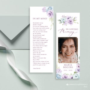 Modèle de marque-page funéraire floral violet doux bleu et Vioet rose marque-page catholique célébration de la vie marque-page souvenir carte commémorative