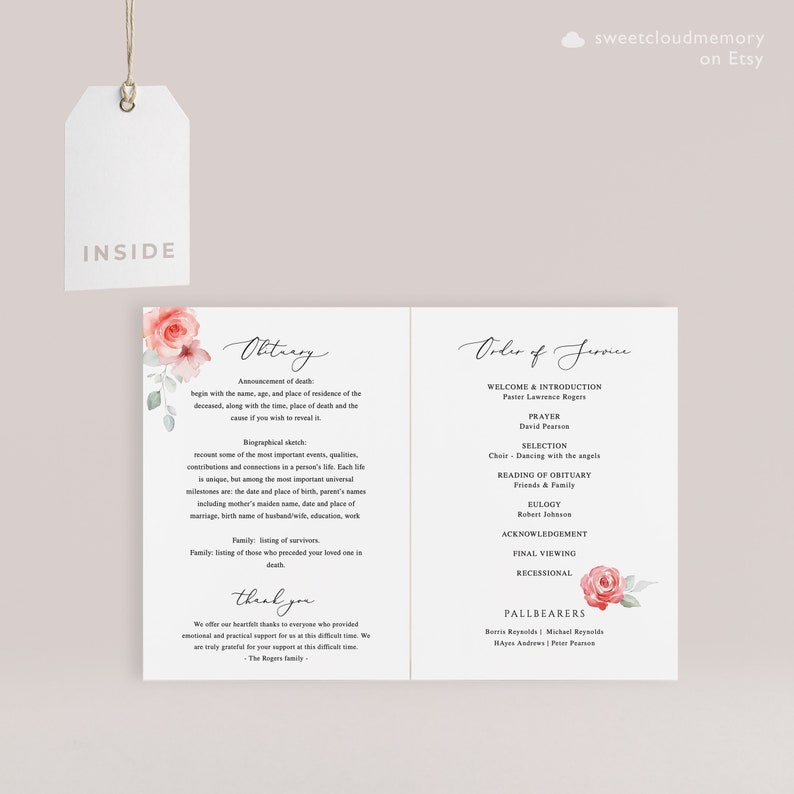 Red Rose Funeral Program Template Red Flower Funeral Memorial - Etsy