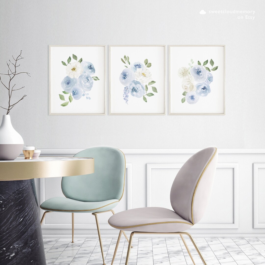 Steel Blue Floral Artwork Wall Art Print Dusty Blue Printable Flower