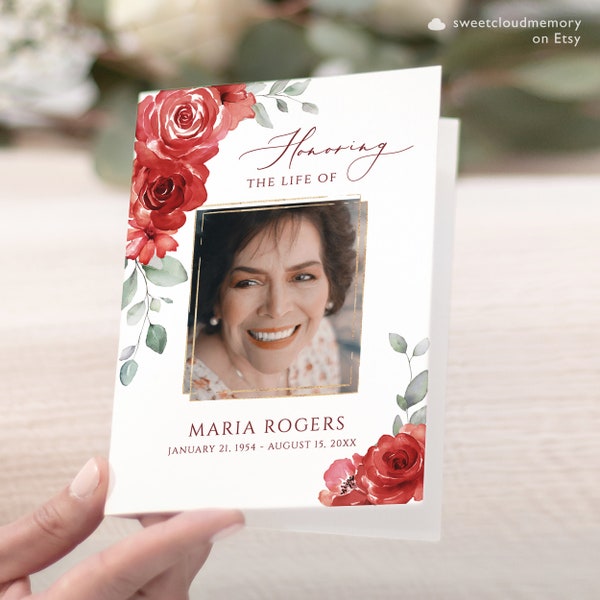 Red floral  Funeral Program Template Gold cross deep red rose Memorial program Funeral Service In loving Memory Celebration of life Ruby