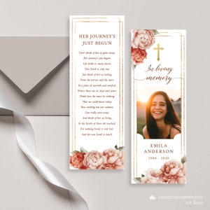 Modèle de marque-page funéraire pivoine, marque-page croix orange, célébration catholique de la vie, carte souvenir funéraire automne carte commémorative