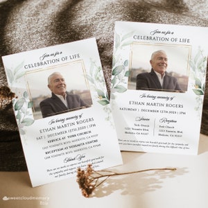 Modèle d'invitation funéraire feuille verte, Verdure Photo célébration de l'invitation de la vie, Invitation numérique funéraire cadre doré, En mémoire aimante