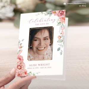Pink floral Funeral Program Template Peach flower Funeral Memorial program Funeral Service In loving Memory Obituary Celebration of life