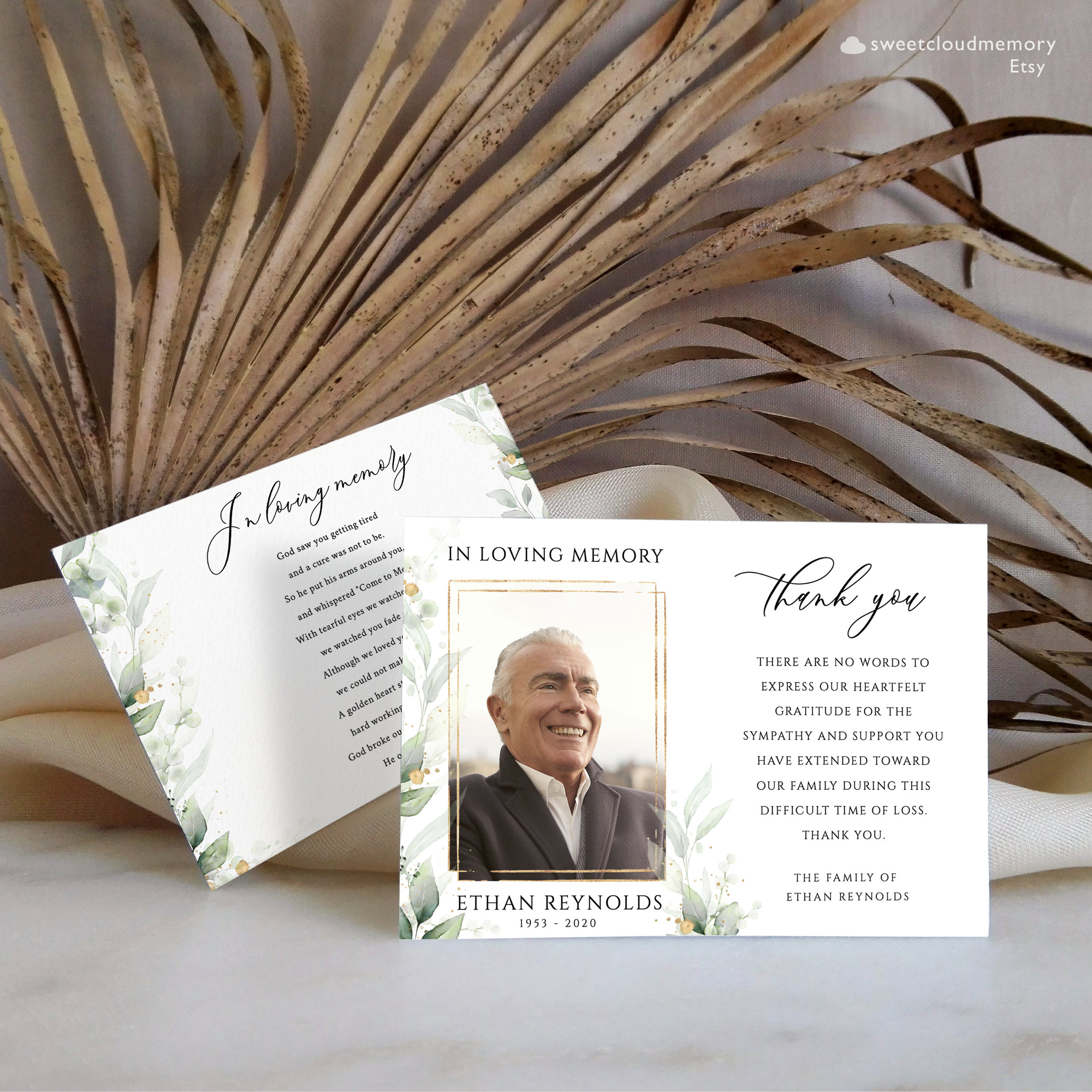 Gold Funeral Thank You Card Greenery Funeral Thank You Photo Editable ...