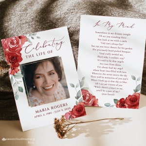 Bourgondische Rose Foto Gebedskaart Bewerkbare Rode Roos Begrafenisbladwijzer Gebedskaart Memorial Card Viering van het leven gedenkteken Gebedskaart Ruby