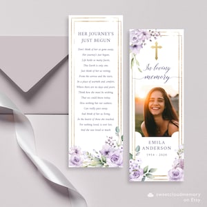 Modelo de marcador de funeral floral roxo, cruz de ouro rosa marca de livro celebração católica da vida marcador cartões de lembrança de funeral cartão memorial