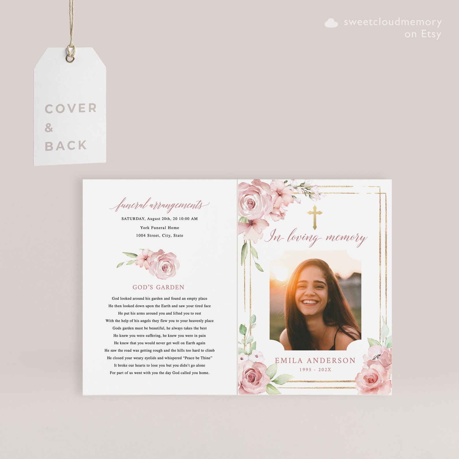 Blush Rose Funeral Program Template Gold Cross Funeral Memorial Program ...