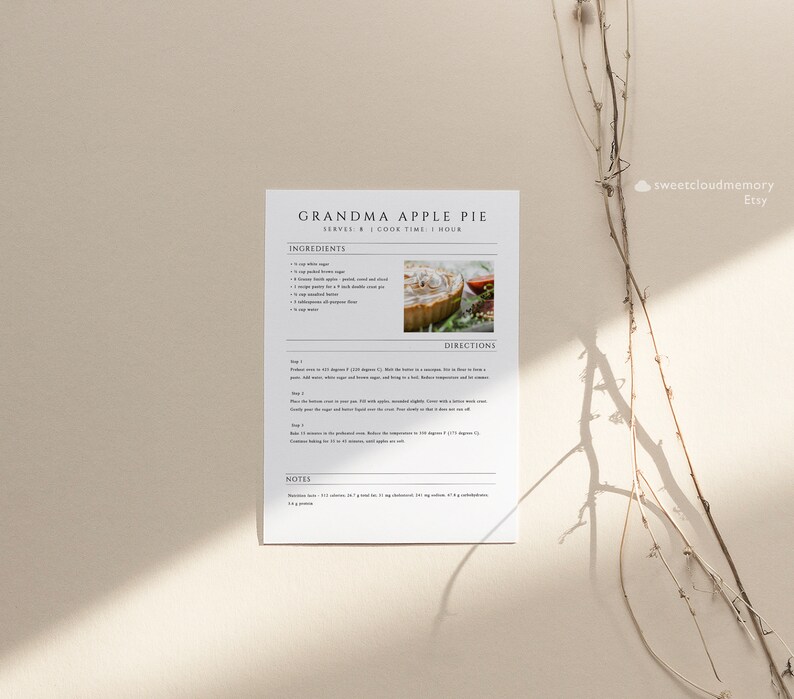 May include: Printable recipe card for Grandma's Apple Pie. The card features a photo of a pie with a flaky crust and a white meringue topping. The recipe includes ingredients and directions for making the pie.