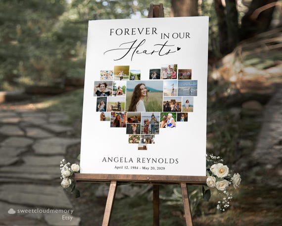 CANVA Funeral Heart collage Sign Simple Heart Collage Canva Funeral sign Celebrating the Life heart Collage Sign multiple photo Funeral