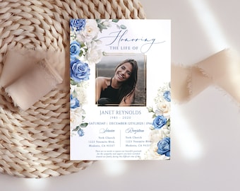 Blue White Rose Funeral invitation template Blue White Rose Photo celebration of life invitation blue white floral Funeral electronic invite
