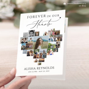 Puede incluir: Una tarjeta blanca con un collage de fotos en forma de corazón. El texto "FOREVER IN OUR Hearts" está en la parte superior de la tarjeta. El nombre "ALISHA REYNOLDS" y las fechas "JAN 12, 1986 - MAY 20, 2025" están en la parte inferior de la tarjeta.