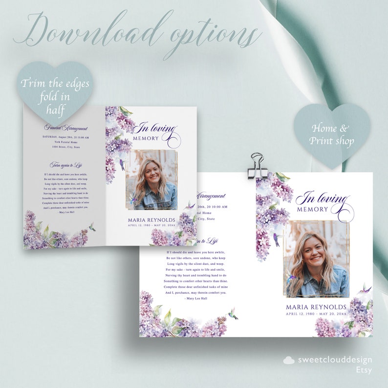 Lilac and Bird Funeral Program Template Purple Floral Funeral Memorial ...