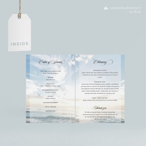 May include: A printable order of service and obituary template with a blue sky and ocean background. The text includes the words "Order of Service" and "Obituary".