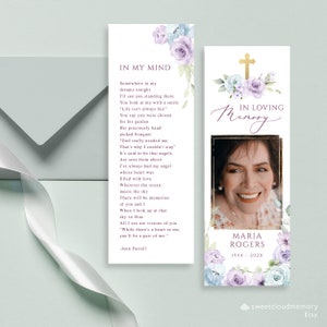 Modèle de marque-page funéraire floral violet, croix d'or rose marque-page catholique célébration de la vie marque-page cartes souvenir funéraires carte commémorative
