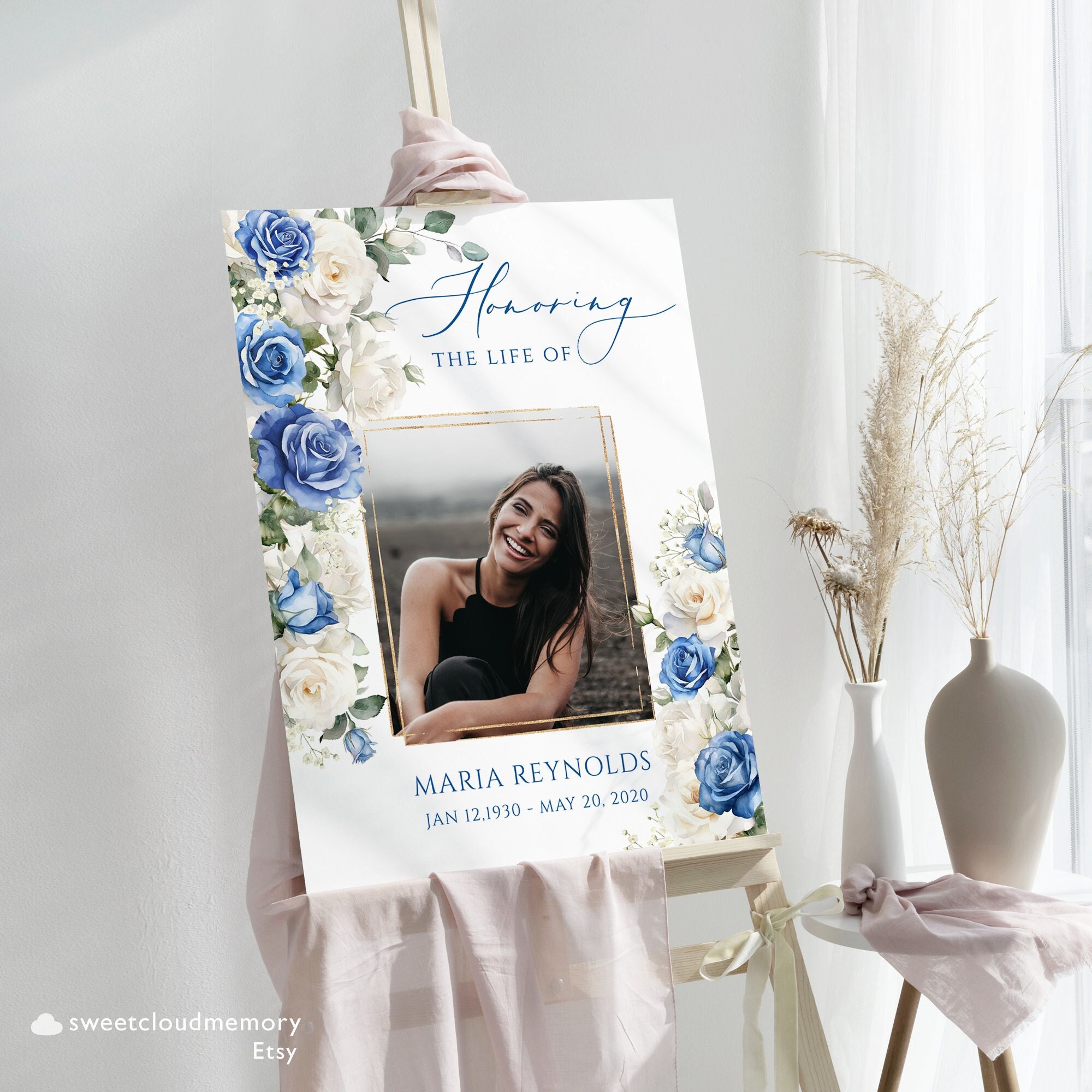 white blue Rose Funeral Sign Baby Breath Funeral Poster white blue flower Celebrating the Life Sign Welcome Funeral Memorial Service Poster