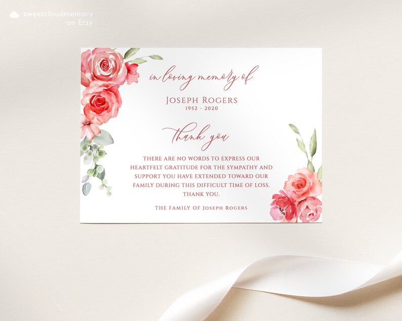 Red Floral Funeral Thank You Card Burgundy Funeral Thank You Red Rose ...