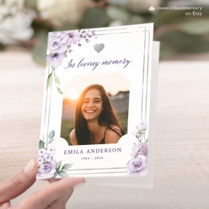 Silver Violet Funeral Program Template Purple Floral Funeral Memorial program Funeral Service In loving Memory Celebration of life silver