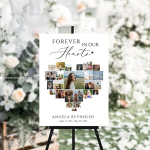 May include: A white sign with black text that reads "Forever in our Hearts" with a small heart symbol. A heart-shaped collage of photos is below the text. The text "Angela Reynolds" is below the collage with the dates "April 12, 1984 - May 20, 2029".