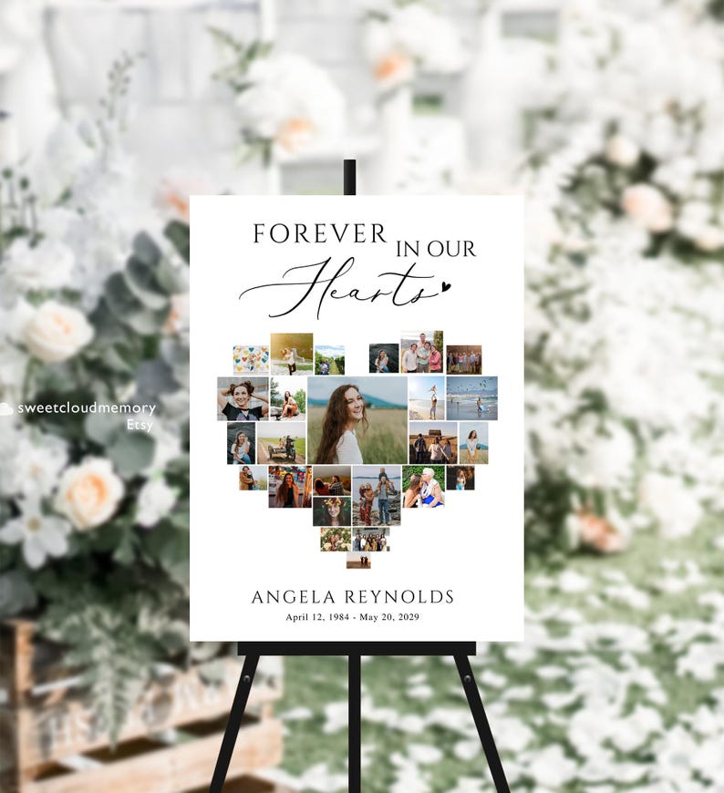 May include: A white sign with black text that reads "Forever in our Hearts" with a small heart symbol. A heart-shaped collage of photos is below the text. The text "Angela Reynolds" is below the collage with the dates "April 12, 1984 - May 20, 2029".